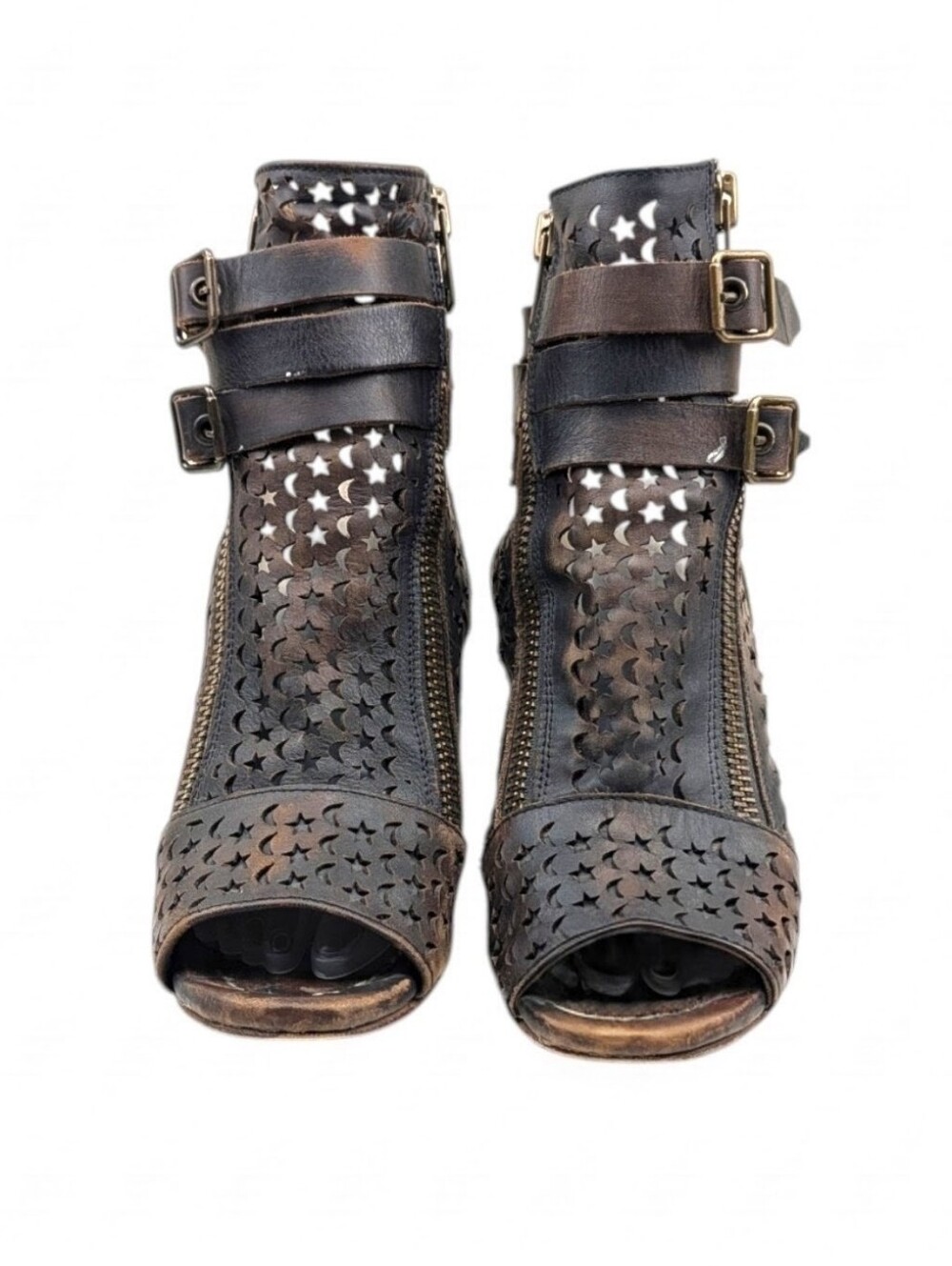 Freebird Theresa Distressed Leather Cutout Peep Toe Block Heel Booties Size 8 - Picture 6 of 12